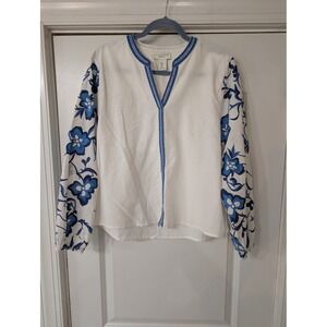 Calypso St Barth Womens Large White Blue Floral Embroidered Linen Blend Blouse